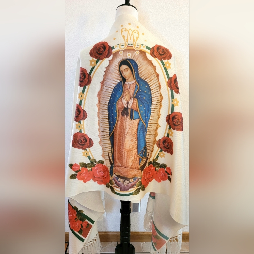 Virgen de Guadalupe Red Roses, Religious Rebozo,  shawl, pashmina,  scarf, chal